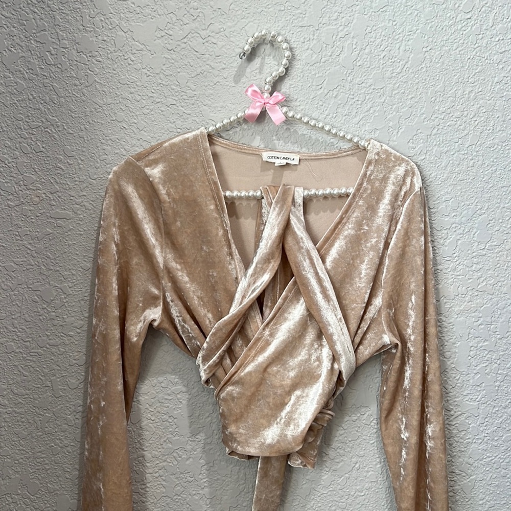 Long sleeve crushed velvet wrap top